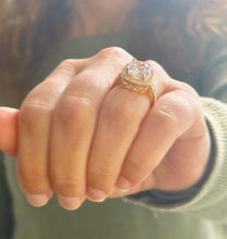 Load image into Gallery viewer, Round Cut Moissanite Engagement Ring Halo Split Shank Design Bridal Ring Halo Wedding Ring Filigree Style 14k Solid Yellow Gold 4.60