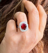 Load image into Gallery viewer, Oval Shape Natural Ruby and Round Cut Cvd Diamonds Engagement Ring Double Halo Prong Set Right Hand Ring 14K Solid White Gold 4.70ctw