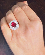 Load image into Gallery viewer, Oval Shape Natural Ruby and Round Cut Cvd Diamonds Engagement Ring Double Halo Prong Set Right Hand Ring 14K Solid White Gold 4.70ctw