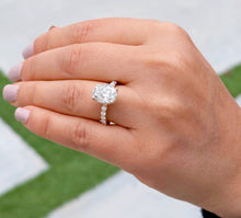 Load image into Gallery viewer, Oval Shape Moissanite And Round Cut Sides Engagement Ring Prong Set In 14k Solid Yellow Gold Wedding Bridal Ring Hidden Halo Style 4.00ctw