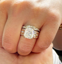 Load image into Gallery viewer, Radiant Cut Moissanite And Round Cut Sides Engagement Ring And Matching Band Set In 14k Solid And Heavy Yellow Gold Wedding set 6.25ctw