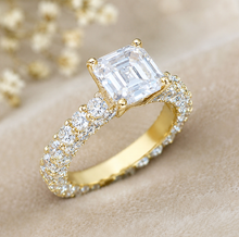 Load image into Gallery viewer, Asscher Cut and Round Cut Three Sides Moissanite Engagement Ring Prong Set Wedding Bridal Ring IGI Certified 14K Solid Yellow Gold 3.00ctw