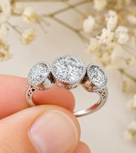 Load image into Gallery viewer, Round Cut Moissanite Engagement Ring Three Stone Antique Style Bezel Set Design 14k Solid White Gold Wedding Bridal Set 2.00ctw