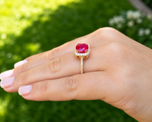 Load image into Gallery viewer, Round Cut Ruby And Round Cut Sides Natural Diamonds Antique Deco Design 14k Solid Yellow Gold Halo Filigree Style Bridal Wedding Ring 2.50ct