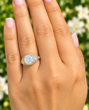 Load image into Gallery viewer, Round Moissanite & Half Moon CVD Diamond Art Deco Engagement Ring 14K Yellow Gold 3.00 CTW