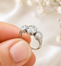 Load image into Gallery viewer, Round Cut Moissanite Engagement Ring Three Stone Antique Style Bezel Set Design 14k Solid White Gold Wedding Bridal Set 2.00ctw