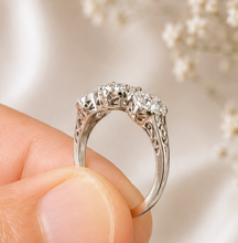 Load image into Gallery viewer, Round Cut Moissanite Engagement Ring Three Stone Antique Style Bezel Set Design 14k Solid White Gold Wedding Bridal Set 2.00ctw