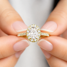 Load image into Gallery viewer, Oval Shape Center and Round Cut Sides IGI Certified Diamond Engagement Ring Halo 14k Solid Yellow Gold Wedding Bridal Ring For Her 2.00ctw