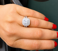 Load image into Gallery viewer, Cushion Cut Diamond And Round Cut Sides Engagement Ring And Matching Band Double Halo Bridal Set 14k Solid White Gold Wedding Set 2.00ctw