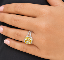 Load image into Gallery viewer, Cushion Cut Yellow Citrine And Natural Round Cut Sides Diamond Engagement Ring 14k Solid White Gold Bridal Ring Halo Style Wedding Ring 5.80