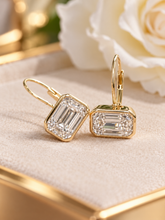 Load image into Gallery viewer, Emerald Cut Moissanite Stud Earrings Bezel set Style 14k Solid Yellow Solid Gold 6.00ctw Lever Back Setting Earrings Gift For Her Jewelry