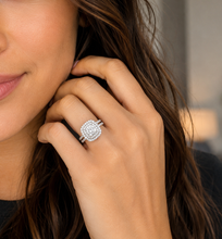 Load image into Gallery viewer, Cushion Cut Diamond And Round Cut Sides Engagement Ring And Matching Band Double Halo Bridal Set 14k Solid White Gold Wedding Set 2.00ctw