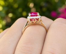 Load image into Gallery viewer, Round Cut Ruby And Round Cut Sides Natural Diamonds Antique Deco Design 14k Solid Yellow Gold Halo Filigree Style Bridal Wedding Ring 2.50ct