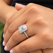 Load image into Gallery viewer, Emerald Cut Moissanite And CVD Round And Baguettes Diamond Sides Engagement Ring 14k Solid White Gold Deco Style Halo Wedding Ring 2.45ctw