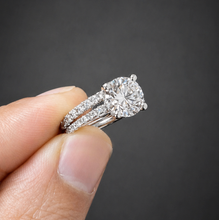 Load image into Gallery viewer, Round Cut Moissanite Engagement Ring And Matching Band Bridal Set Hidden Halo Style Wedding Ring Set 14k White Gold Ring Set 2.00ctw