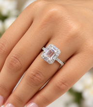 Load image into Gallery viewer, Emerald Cut Moissanite And CVD Round And Baguettes Diamond Sides Engagement Ring 14k Solid White Gold Deco Style Halo Wedding Ring 2.45ctw