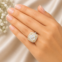 Load image into Gallery viewer, Cushion Cut Moissanite And Round Cut Engagement Ring 14k Solid White And Yellow Gold Bridal Wedding Ring Double Halo Style Split Shank 6.50