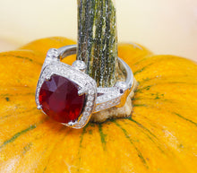 Load image into Gallery viewer, Cushion Cut Ruby And Round Cut Diamonds Antique Deco Design Ring 14k Solid White Gold Engagement Anniversary Wedding Pong Set Halo 7.80ctw
