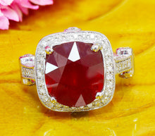 Load image into Gallery viewer, Cushion Cut Ruby And Round Cut Diamonds Antique Deco Design Ring 14k Solid White Gold Engagement Anniversary Wedding Pong Set Halo 7.80ctw