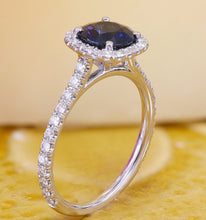 Load image into Gallery viewer, Round Cut Sapphire And Cvd Diamonds Engagement Ring Halo Style In 14k Solid White Gold Wedding Ring Prong Set Anniversary Ring 2.10ctw