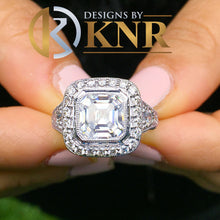 Load image into Gallery viewer, Asscher Cut Moissanite and Round Cut Sides Cvd Diamonds Bezel Engagement Ring Women's 14k Solid and Heavy White Gold Wedding Ring 3.70ctw