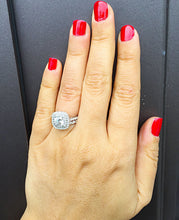 Load image into Gallery viewer, Cushion Cut Diamond And Round Cut Sides Engagement Ring And Matching Band Double Halo Bridal Set 14k Solid White Gold Wedding Set 1.60ctw