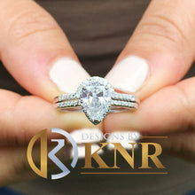 Load image into Gallery viewer, Pear Shape Moissanite And Round Cut Sides Engagement Ring And Matching Band Halo Style In 14k Solid White Gold Wedding Bridal Set 1.50ctw