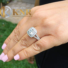 Load image into Gallery viewer, Cushion Cut Moissanite And Round Cut Sides Engagement Ring Double Halo Style Bridal Ring In 14k Solid White Gold Wedding Ring Halo Ring 2.30