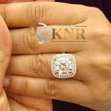 Load image into Gallery viewer, Cushion Cut Moissanite And Round Cut Sides CVD Diamond Engagement Ring Double Halo Bridal Halo Ring 14k Solid White And Yellow Gold 6.50ctw