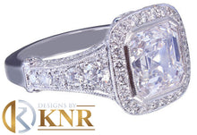 Load image into Gallery viewer, Asscher Cut Moissanite and Round Cut Sides Halo Bezel Set Engagement Ring Filigree Bridal Wedding Ring For Her 14k Solid White Gold 5.30ctw