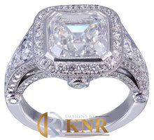 Load image into Gallery viewer, Asscher Cut Moissanite and Round Cut Sides Halo Bezel Set Engagement Ring Filigree Bridal Wedding Ring For Her 14k Solid White Gold 5.30ctw