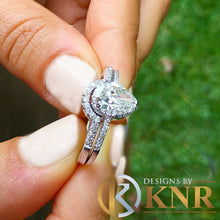 Load image into Gallery viewer, Pear Shape Moissanite And Round Cut Sides Engagement Ring And Matching Band Halo Style In 14k Solid White Gold Wedding Bridal Set 1.50ctw