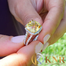 Load image into Gallery viewer, Cushion Cut Yellow Citrine And Roun Cut Sides Natural Diamond Engagement Ring Halo Style Bridal Ring 14k Solid White Gold Wedding Ring 4.70