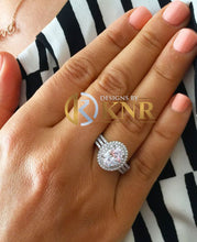 Load image into Gallery viewer, Oval Cut Moissanite and Round Cut Sides Engagement Ring 14k Solid White Gold Wedding Ring Halo Bridal Ring Double Halo Triple Shank 2.60ctw