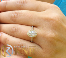 Load image into Gallery viewer, Oval Shape Moissanite Center and Round Cut Sides Engagement Ring Halo Style In 14k Solid Yellow Gold Wedding Bridal Ring For Her 2.00ctw