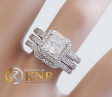 Load image into Gallery viewer, Princess Cut Moissanite And Round Cut Cvd Diamond Engagement Ring And Matching Band Halo Bridal Wedding Set 14K Solid White Gold 2.50ctw