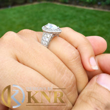 Load image into Gallery viewer, Pear Shape Moissanite And Round Cut Sides Engagement Ring Halo Prong Set Style 14k Solid White Gold Bridal Wedding Ring Filigree 4.40ctw