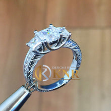 Load image into Gallery viewer, 14k white gold princess and round cut natural diamond engagement ring prong set Three Stone, bridal, anniversary, wedding, deco 1.60ctw