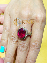 Load image into Gallery viewer, Oval Shape Ruby And Round Cut Sides Natural Diamonds Engagement Ring Right Hand Ring Halo Style Wedding Ring 14k Solid Yellow Gold 8.20ctw