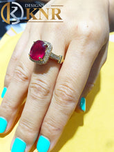 Load image into Gallery viewer, Oval Shape Ruby And Round Cut Sides Natural Diamonds Engagement Ring Right Hand Ring Halo Style Wedding Ring 14k Solid Yellow Gold 8.20ctw