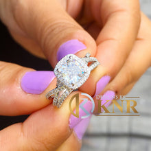 Load image into Gallery viewer, Cushion Cut Moissanite and Round Cut Sides Engagement Ring And Matching Band Wedding Set Twisted Shank Halo Style 14k Solid White Gold 2.70