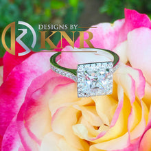 Load image into Gallery viewer, Princess Cut Moissanite and Round Cut Sides Engagement Ring Halo Wedding Ring Filigree Bridal Ring 14k Solid White Gold Propose Ring 2.00ctw