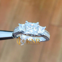 Load image into Gallery viewer, 14k white gold princess and round cut natural diamond engagement ring prong set Three Stone, bridal, anniversary, wedding, deco 1.60ctw