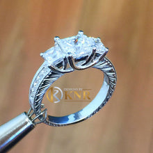 Load image into Gallery viewer, 14k white gold princess and round cut natural diamond engagement ring prong set Three Stone, bridal, anniversary, wedding, deco 1.60ctw