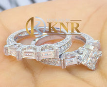 Load image into Gallery viewer, Princess Round and Baguettes Cut Moissanite Engagement Ring And Matching Band 14k Solid White Gold Bridal Wedding Ring Set Filigree 2.50ctw