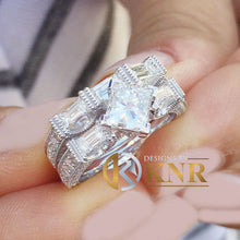 Load image into Gallery viewer, Princess Round and Baguettes Cut Moissanite Engagement Ring And Matching Band 14k Solid White Gold Bridal Wedding Ring Set Filigree 2.50ctw