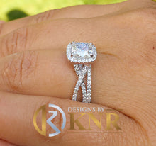 Load image into Gallery viewer, Cushion Cut Moissanite and Round Cut Sides Engagement Ring And Matching Band Wedding Set Twisted Shank Halo Style 14k Solid White Gold 2.70