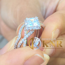 Load image into Gallery viewer, Princess Cut Moissanite And Cvd Round Cut Sides Diamond Engagement Ring And Matching Band Halo Twisted Shank 14K Solid White Gold 1.80ct