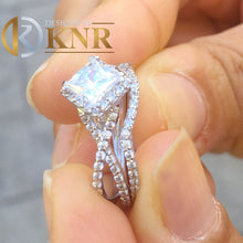Load image into Gallery viewer, Princess Cut Moissanite And Cvd Round Cut Sides Diamond Engagement Ring And Matching Band Halo Twisted Shank 14K Solid White Gold 1.80ct