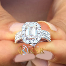Load image into Gallery viewer, Emerald Cut Moissanite And Round Cut Sides Engagement Ring And Matching Band Halo Style Wedding Set 14k Solid White Gold Bridal Set 2.00ctw
